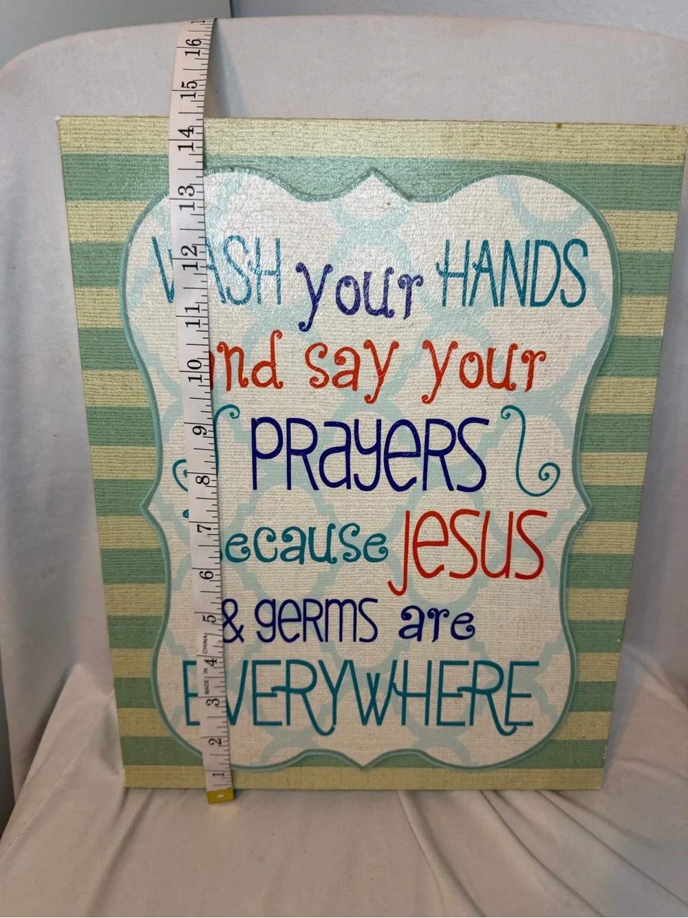 Green Striped Inspirational Wall Art - Wash Your Hands and Say Your Prayers